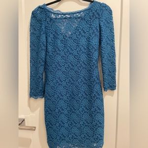 Adrianna Papell Evening, Teal V-Back Lace Sheath Cocktail Dress, 2P